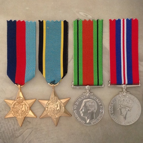 WWII MEDAL SET -1939-45 STAR, AIR CREW EUROPE STAR,  1939-45 DEFENCE + WAR MEDAL