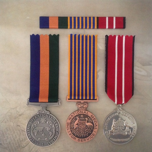 OSM BORDER PROTECT, NATIONAL MEDAL, AUSTRALIAN DEFENCE MEDAL SET + RIBBON BAR