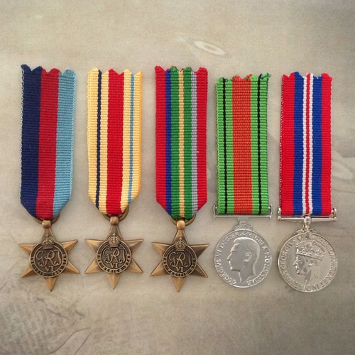 1939-45, AFRICA STAR, PACIFIC,  DEFENCE + WAR MEDAL SET | MINI | ANTIQUE TONE | 