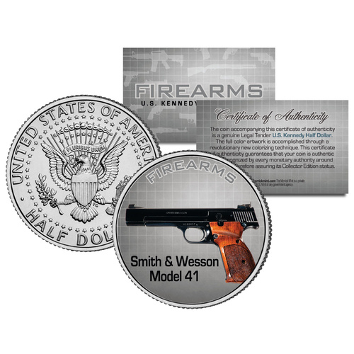 SMITH & WESSON MODEL 41 Gun Firearm JFK Kennedy Half Dollar US Colorized Coin