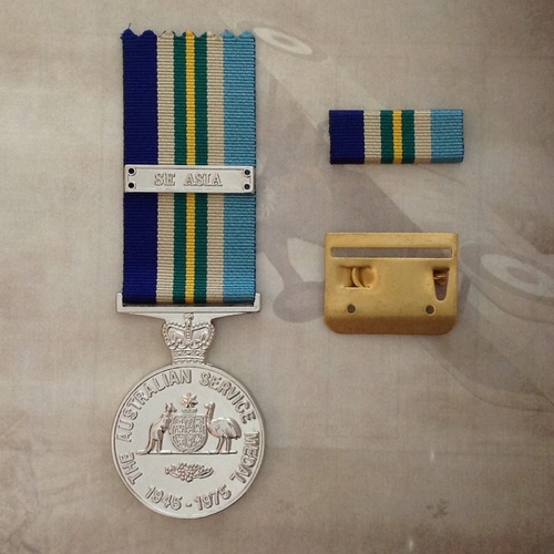 AUSTRALIAN SERVICE MEDAL (ASM) 1945 - 1975 + BAR WITH SE ASIA CLASP AND MOUNT